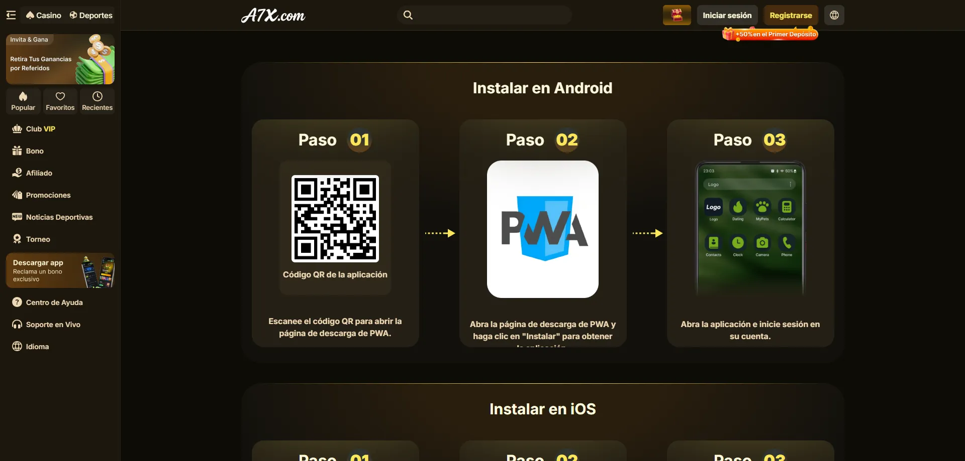 Aplicación móvil de A7X Casino para Android y iOS
