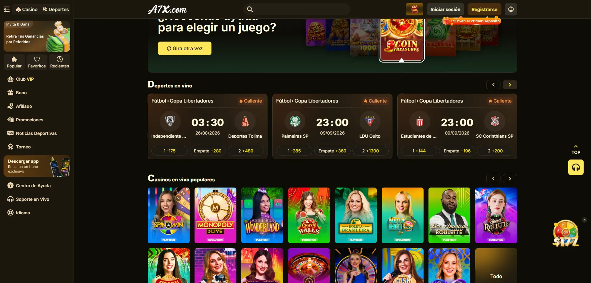 Apuestas deportivas en vivo y prematch en A7X Casino México