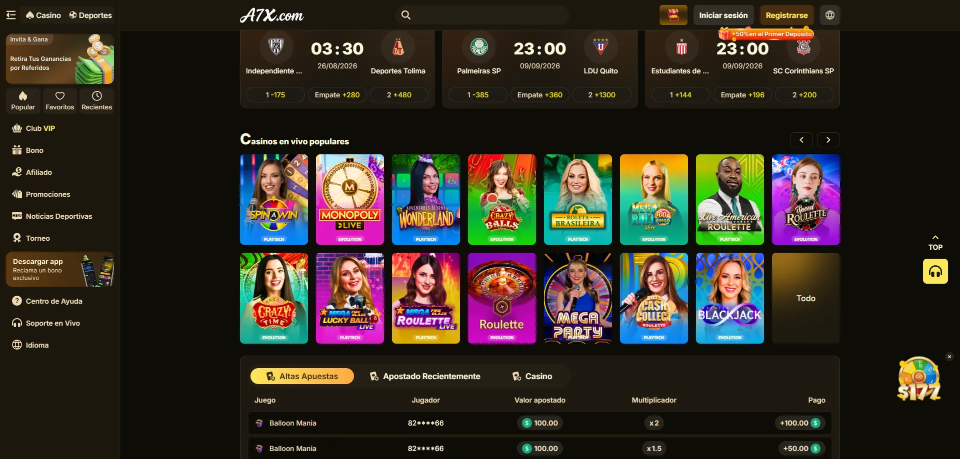 Proveedores de casino en vivo y slots en A7X Casino