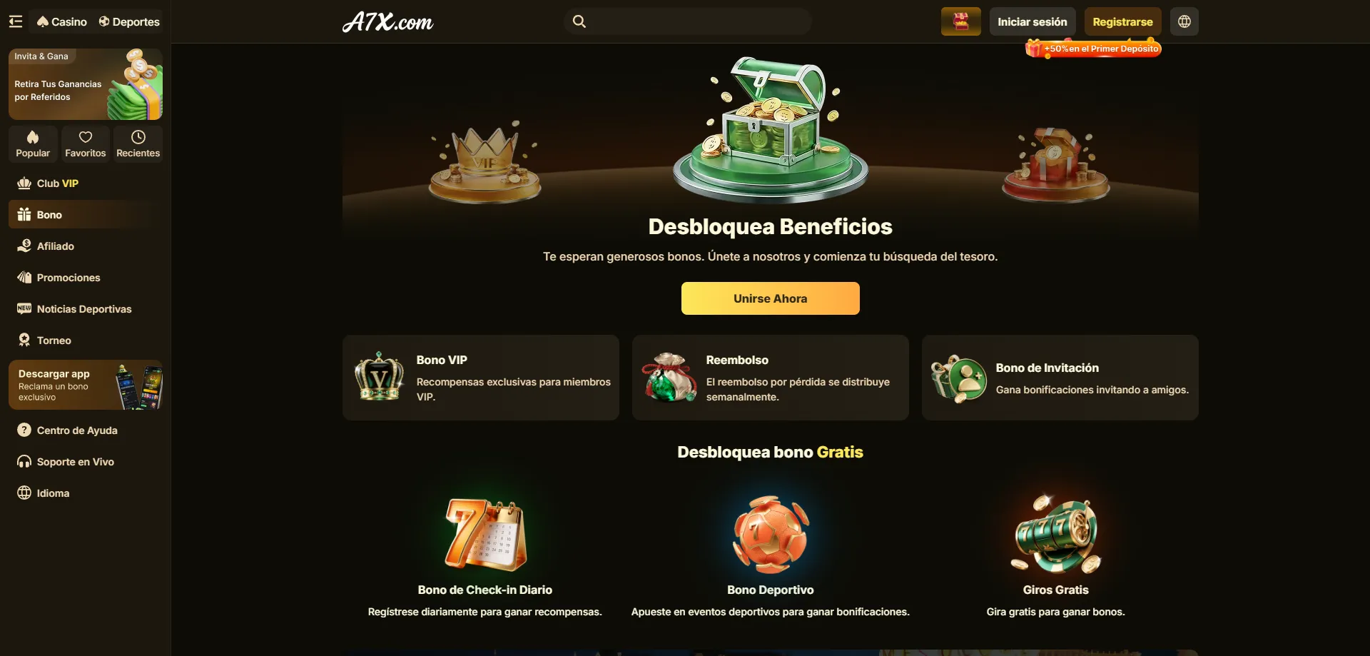 Bono de bienvenida y torneos con premios en A7X Casino México